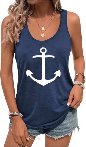 Floerns Women's Anchor Graphic Scoop Neck Tank Top Sleeveless Casual Vest Shirts