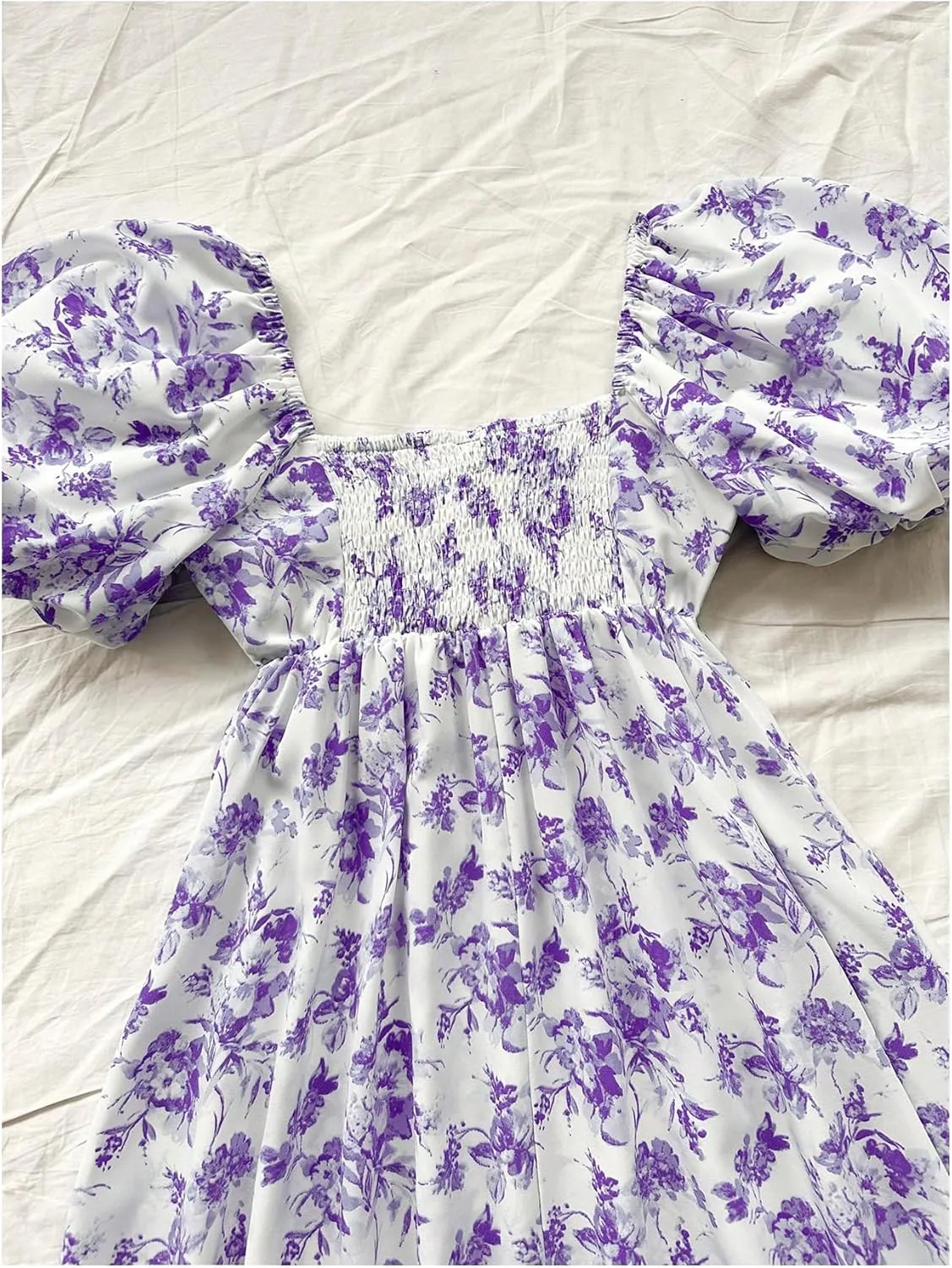 Floerns Women's Floral Print Bubble Sleeve Dress Square Neck Holiday A Line Mini Dresses