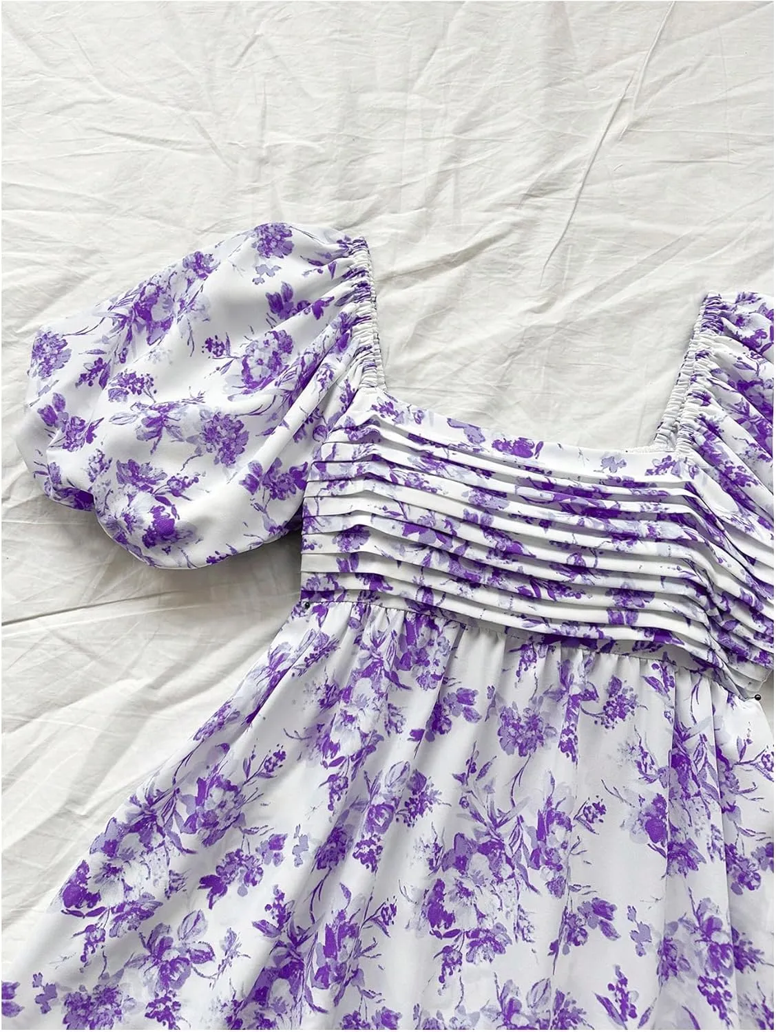 Floerns Women's Floral Print Bubble Sleeve Dress Square Neck Holiday A Line Mini Dresses