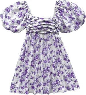 Floerns Women's Floral Print Bubble Sleeve Dress Square Neck Holiday A Line Mini Dresses