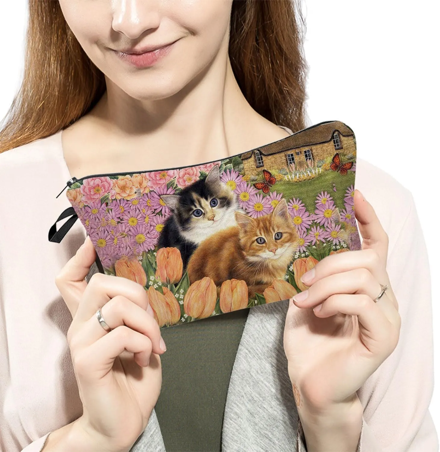 Floral Cat Cosmetic Bag Cute Small Makeup Bag Travel Toiletry Zipper Pouch Floral Kitten Painting Pattern Present for Cat Lovers Cat Mom Women Friends