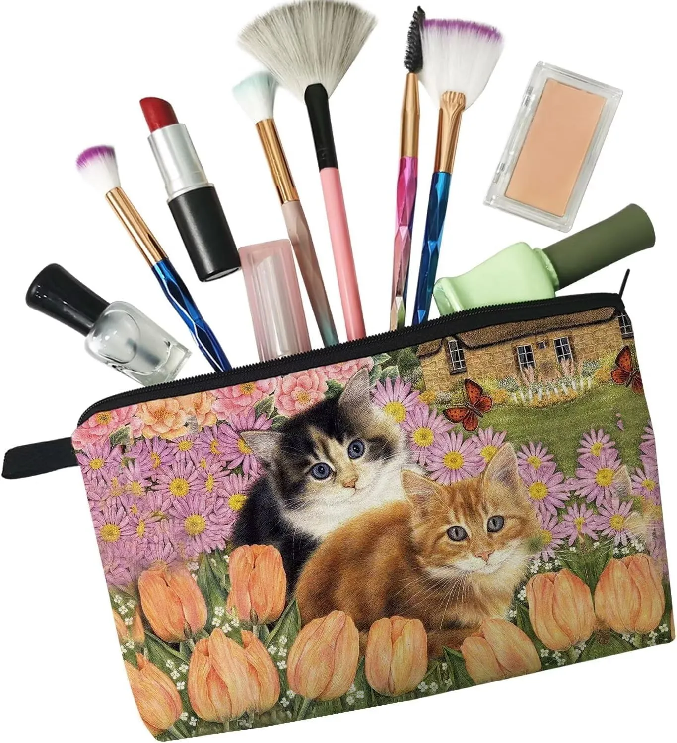 Floral Cat Cosmetic Bag Cute Small Makeup Bag Travel Toiletry Zipper Pouch Floral Kitten Painting Pattern Present for Cat Lovers Cat Mom Women Friends