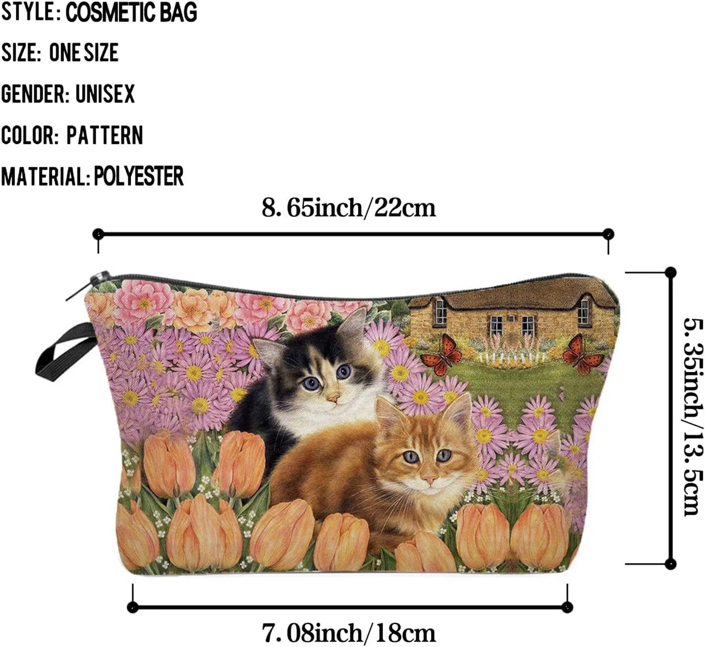 Floral Cat Cosmetic Bag Cute Small Makeup Bag Travel Toiletry Zipper Pouch Floral Kitten Painting Pattern Present for Cat Lovers Cat Mom Women Friends