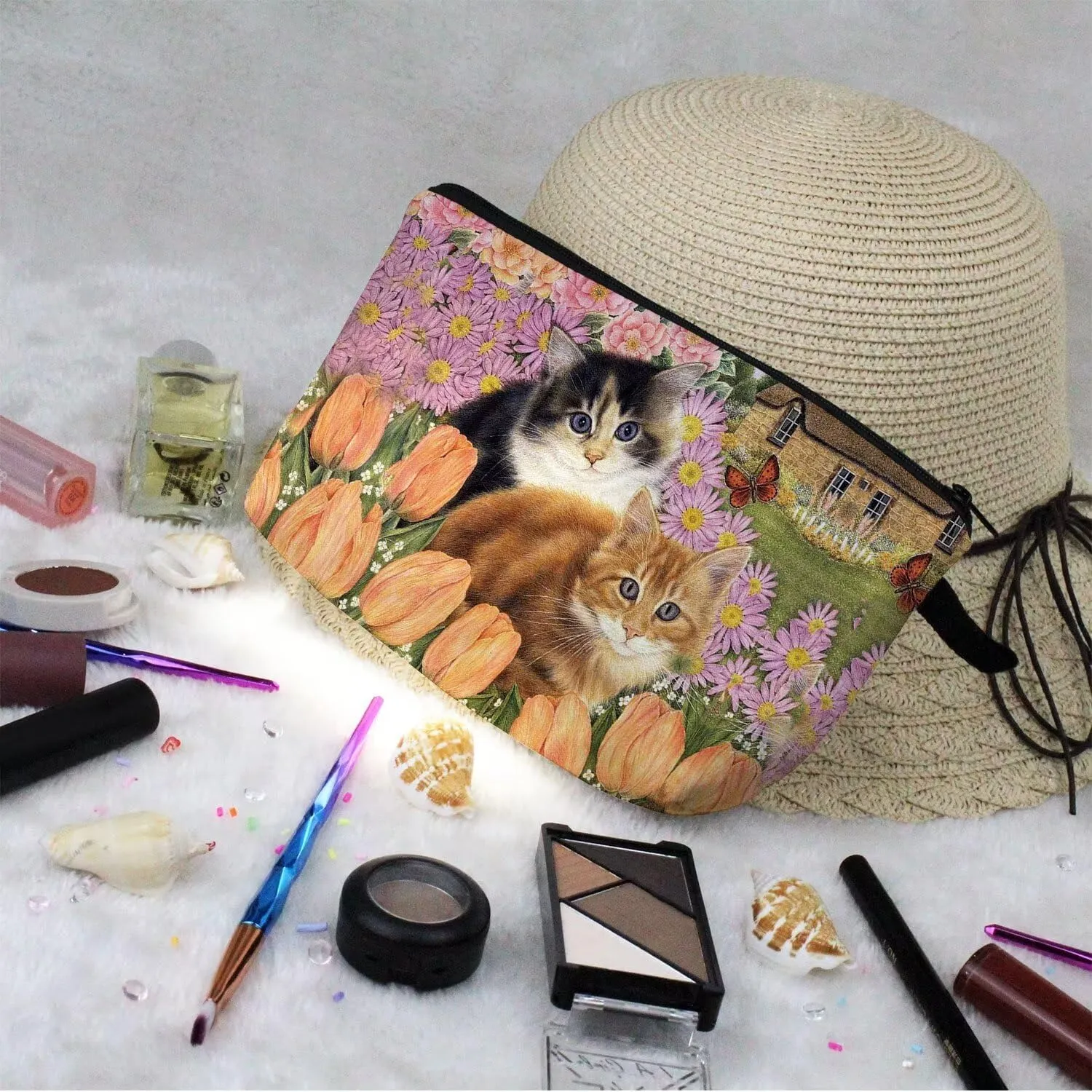 Floral Cat Cosmetic Bag Cute Small Makeup Bag Travel Toiletry Zipper Pouch Floral Kitten Painting Pattern Present for Cat Lovers Cat Mom Women Friends