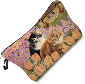 Floral Cat Cosmetic Bag Cute Small Makeup Bag Travel Toiletry Zipper Pouch Floral Kitten Painting Pattern Present for Cat Lovers Cat Mom Women Friends