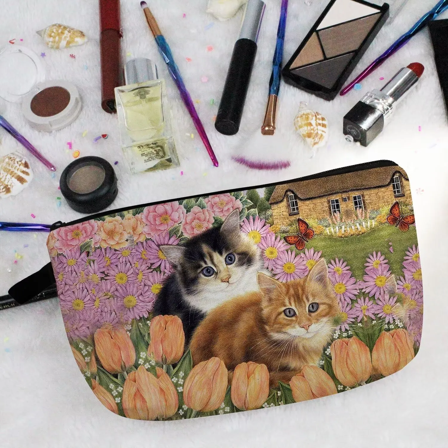 Floral Cat Cosmetic Bag Cute Small Makeup Bag Travel Toiletry Zipper Pouch Floral Kitten Painting Pattern Present for Cat Lovers Cat Mom Women Friends