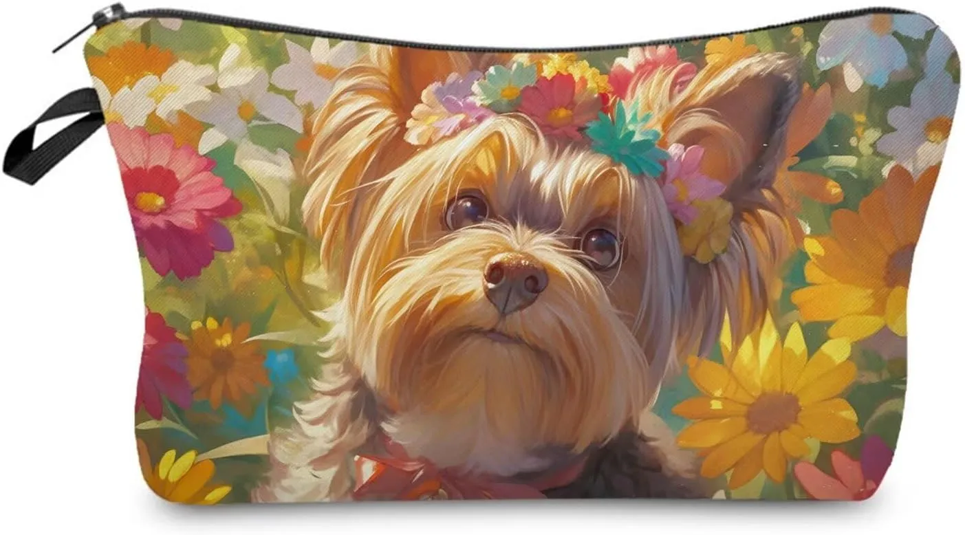 Floral Yorkshire Terrier Makeup Bag Cute Small Organizer Bag Toiletry Zipper Pouch Adorable Yorkshire Terrier Cosmetic Bag Present for Dog Lovers Yorkshire Mom Women