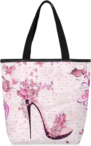 Flower High Heels Canvas Tote Bag with Zipper and Pockets Canvas Tote Shopping Bag Women Reusable Grocery Bag for Beach Travel Gym Shopping