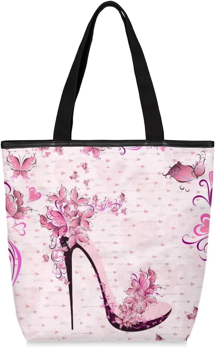 Flower High Heels Canvas Tote Bag with Zipper and Pockets Canvas Tote Shopping Bag Women Reusable Grocery Bag for Beach Travel Gym Shopping