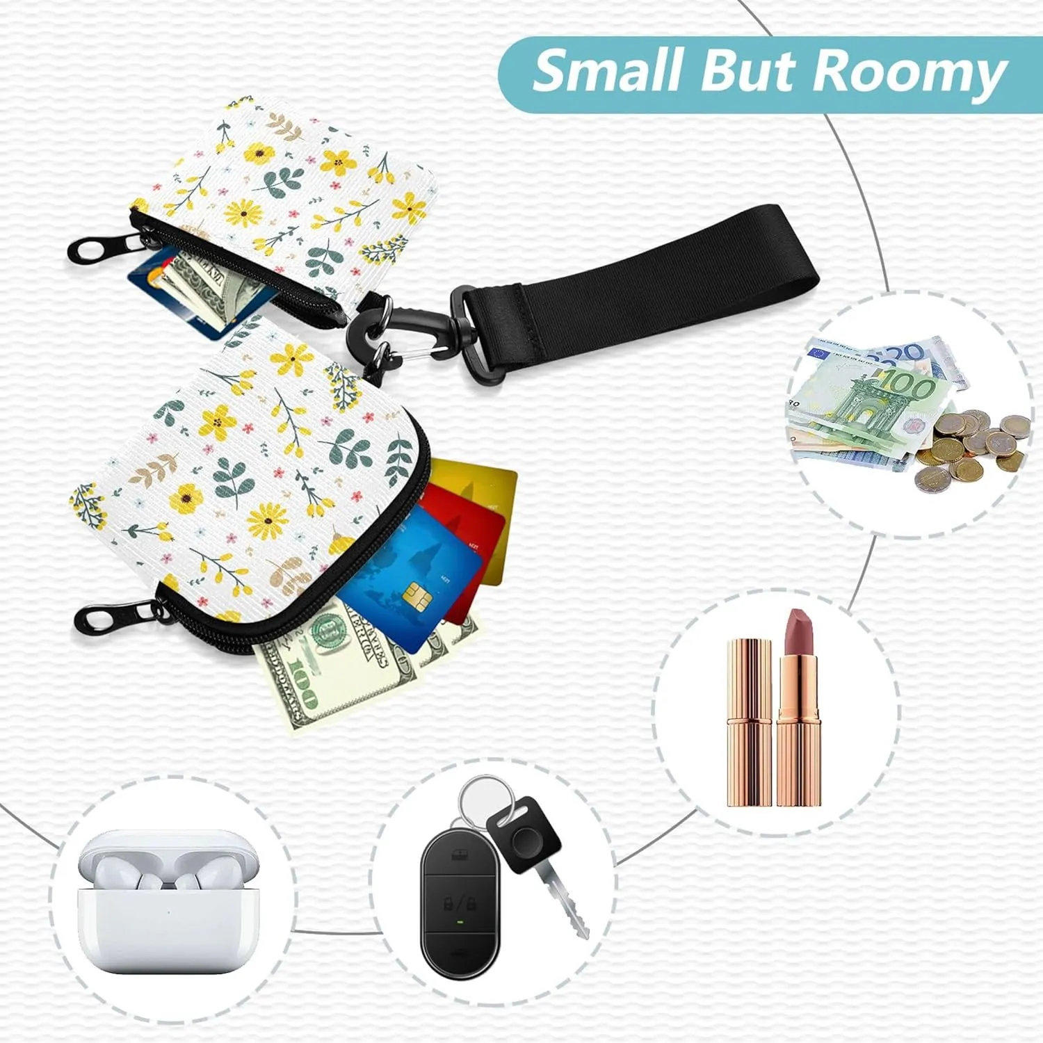 Flowers and Branches Women's Dual Wallets Busniess Card Cases Small Detachable Women's Money Organizers with Zipper Pocket for Work Travel 2 Packs