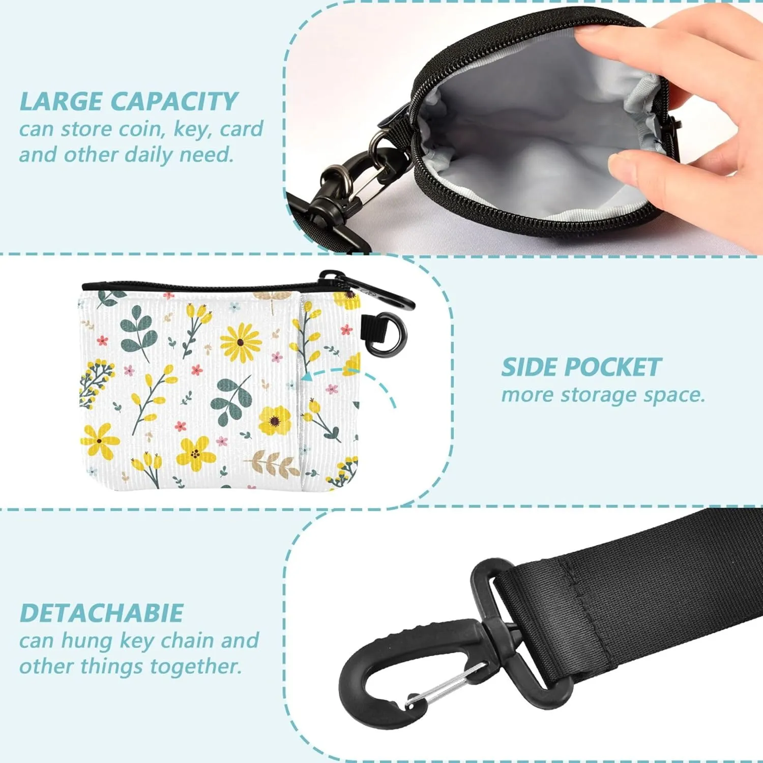 Flowers and Branches Women's Dual Wallets Busniess Card Cases Small Detachable Women's Money Organizers with Zipper Pocket for Work Travel 2 Packs