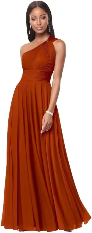 Flowy Chiffon Bridesmaid Dresses for Women One Shoulder Formal Dress for Wedding A Line Pleated Wedding Guest Dress