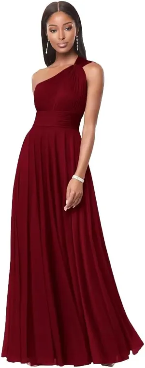 Flowy Chiffon Bridesmaid Dresses for Women One Shoulder Formal Dress for Wedding A Line Pleated Wedding Guest Dress