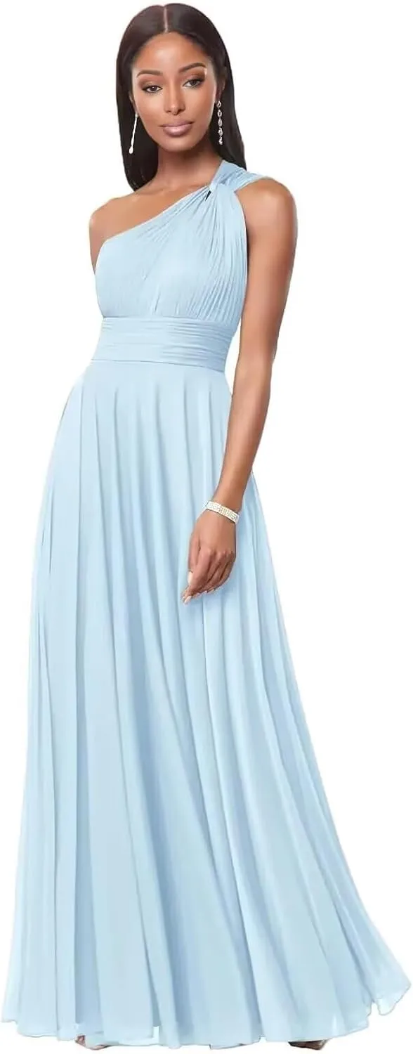 Flowy Chiffon Bridesmaid Dresses for Women One Shoulder Formal Dress for Wedding A Line Pleated Wedding Guest Dress