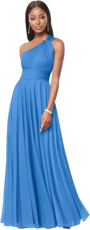Flowy Chiffon Bridesmaid Dresses for Women One Shoulder Formal Dress for Wedding A Line Pleated Wedding Guest Dress