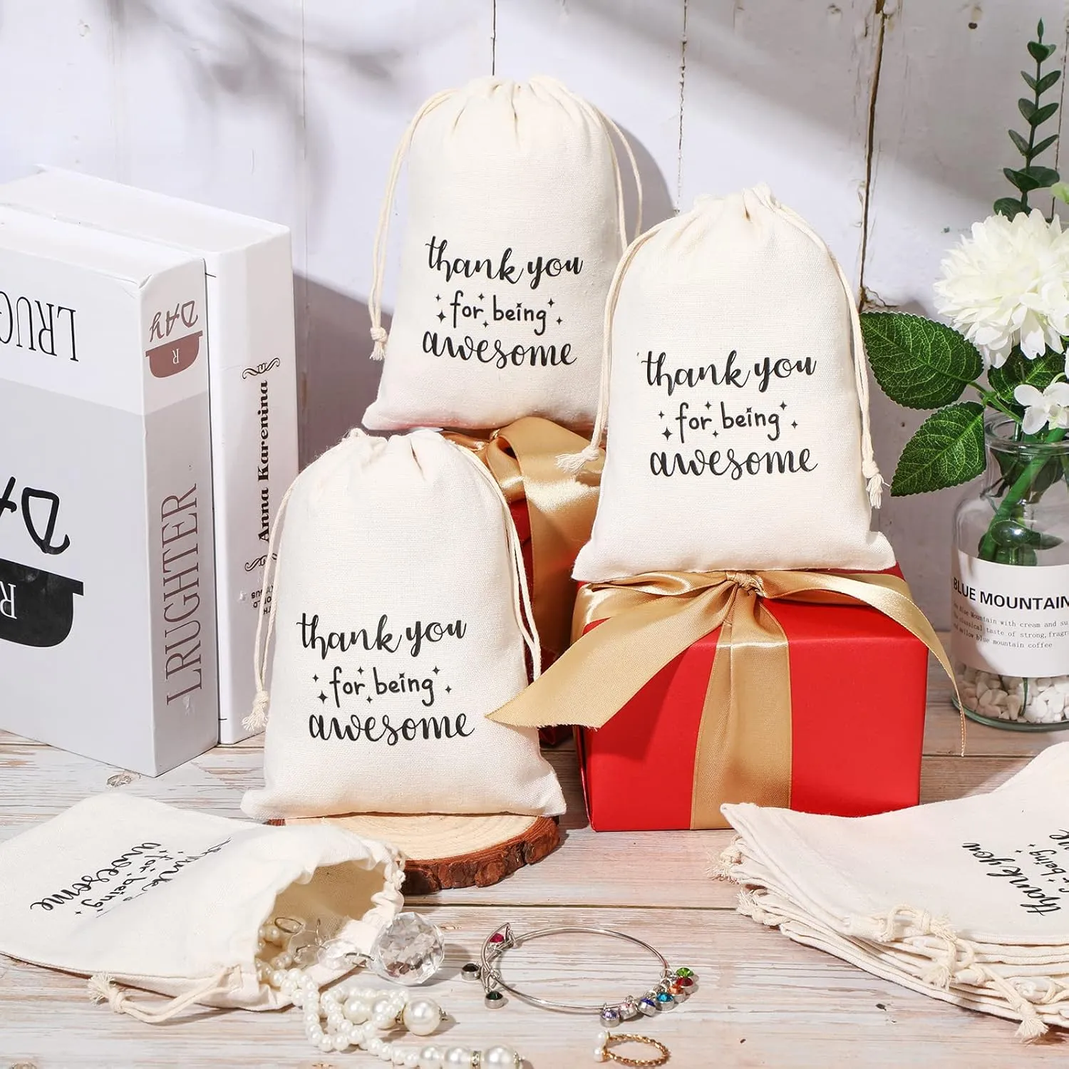 Fumete 20 Pcs Gift Drawstring Bags for Employee Coworker CNA Nurse Colleague, Thank You for Being Awesome Bags, Thank You Gift for Employee Coworker Appreciation(5 x 7 Inch,White & Black)