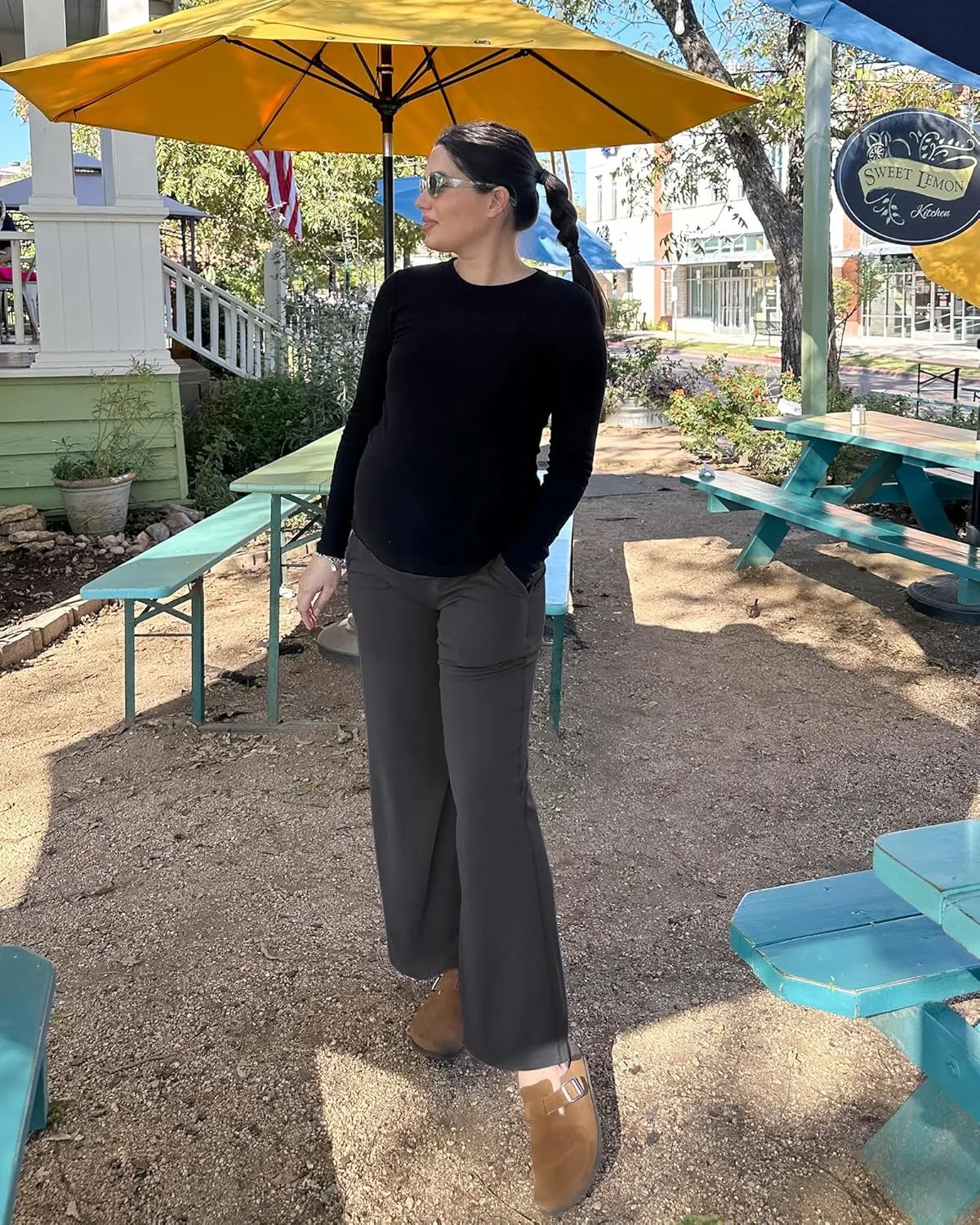 G4Free Maternity Pants Over The Belly Yoga Dress Work Pregnancy Pants Stretchy Lounge Wide Leg Trousers with Pockets