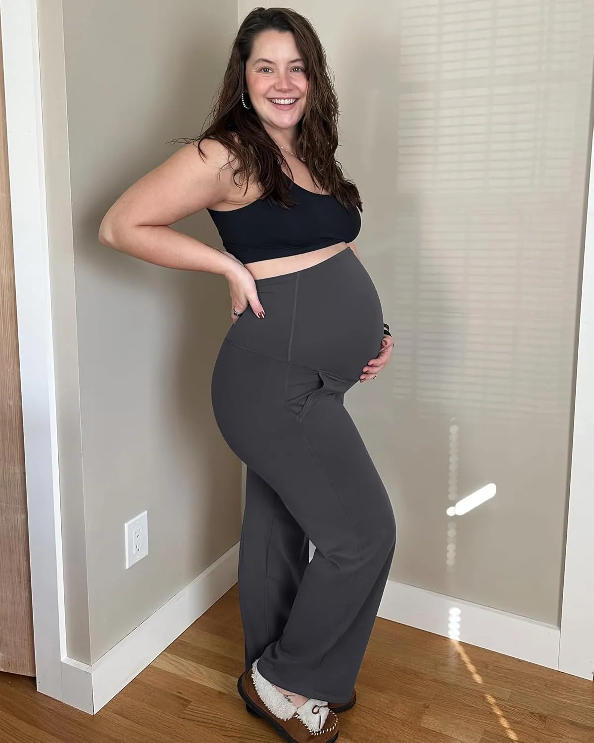 G4Free Maternity Pants Over The Belly Yoga Dress Work Pregnancy Pants Stretchy Lounge Wide Leg Trousers with Pockets