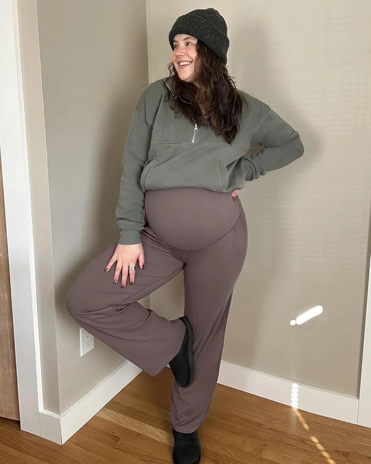G4Free Maternity Pants Over The Belly Yoga Dress Work Pregnancy Pants Stretchy Lounge Wide Leg Trousers with Pockets