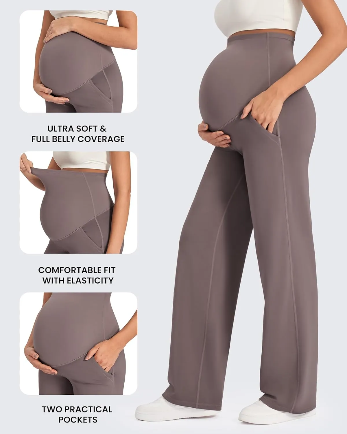 G4Free Maternity Pants Over The Belly Yoga Dress Work Pregnancy Pants Stretchy Lounge Wide Leg Trousers with Pockets