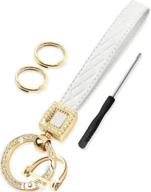 GABOX Extended Wristlet Keychain for Women Rhinestone Ring Carabiner & Horseshoe Clasp for Car Keys Rings Leather Wrist Strap