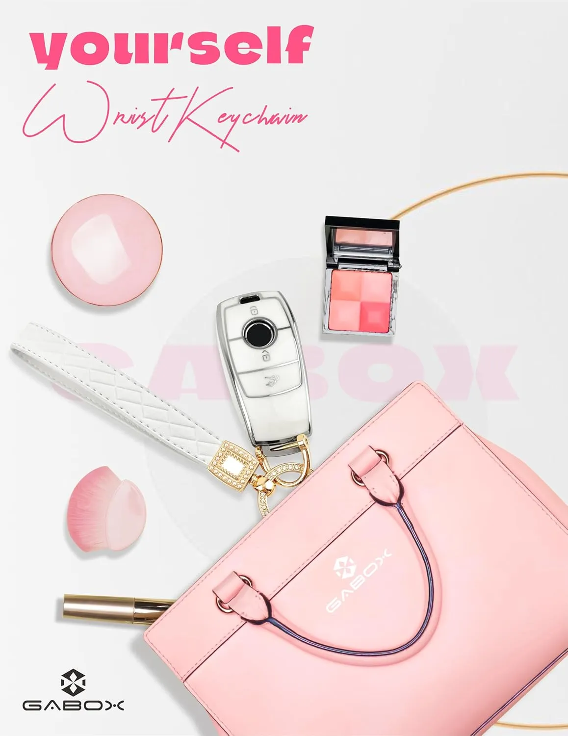 GABOX Extended Wristlet Keychain for Women Rhinestone Ring Carabiner & Horseshoe Clasp for Car Keys Rings Leather Wrist Strap