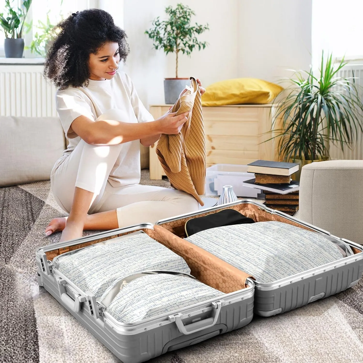 Garment Bag Closet Storage, Luggage Space Saver, Monochrome Stripes, Waterproof, 3 Set Travel Packing Cubes For Suitcases, Luggages Management Personnel