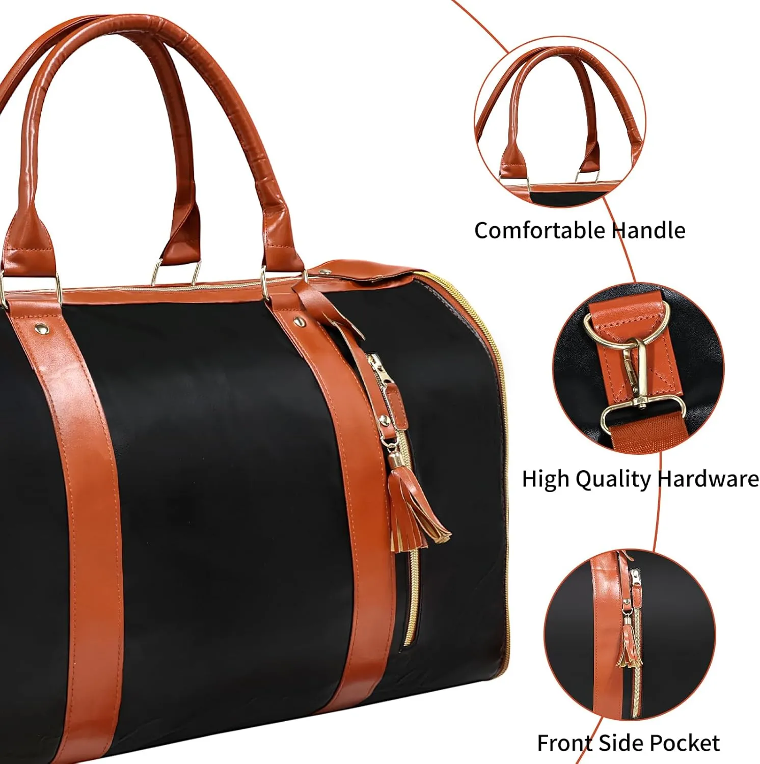 Garment Bags for Travel, Duffle Bag for Women, Carry On Garment Bag with Toiletry Pocket, Large PU Leather Luggage Bag, 2 in 1 Hanging Convertible Travel Bag for Dress Suit Shoes Clothes (Black)