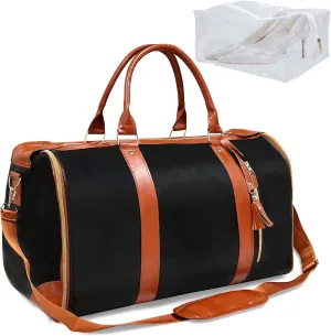 Garment Bags for Travel, Duffle Bag for Women, Carry On Garment Bag with Toiletry Pocket, Large PU Leather Luggage Bag, 2 in 1 Hanging Convertible Travel Bag for Dress Suit Shoes Clothes (Black)