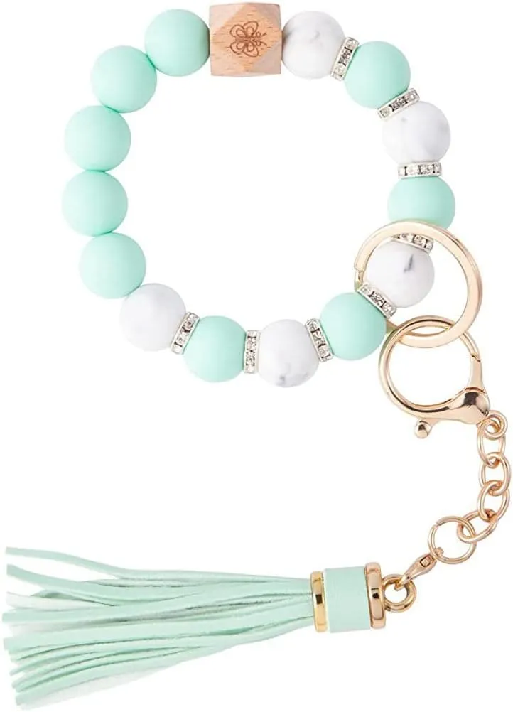 Gerrit Wristlet Keychain Bracelet Wallet for Women Silicone Beaded Car Key Rings with Bangle Card Holder Elastic Beaded, Type 15