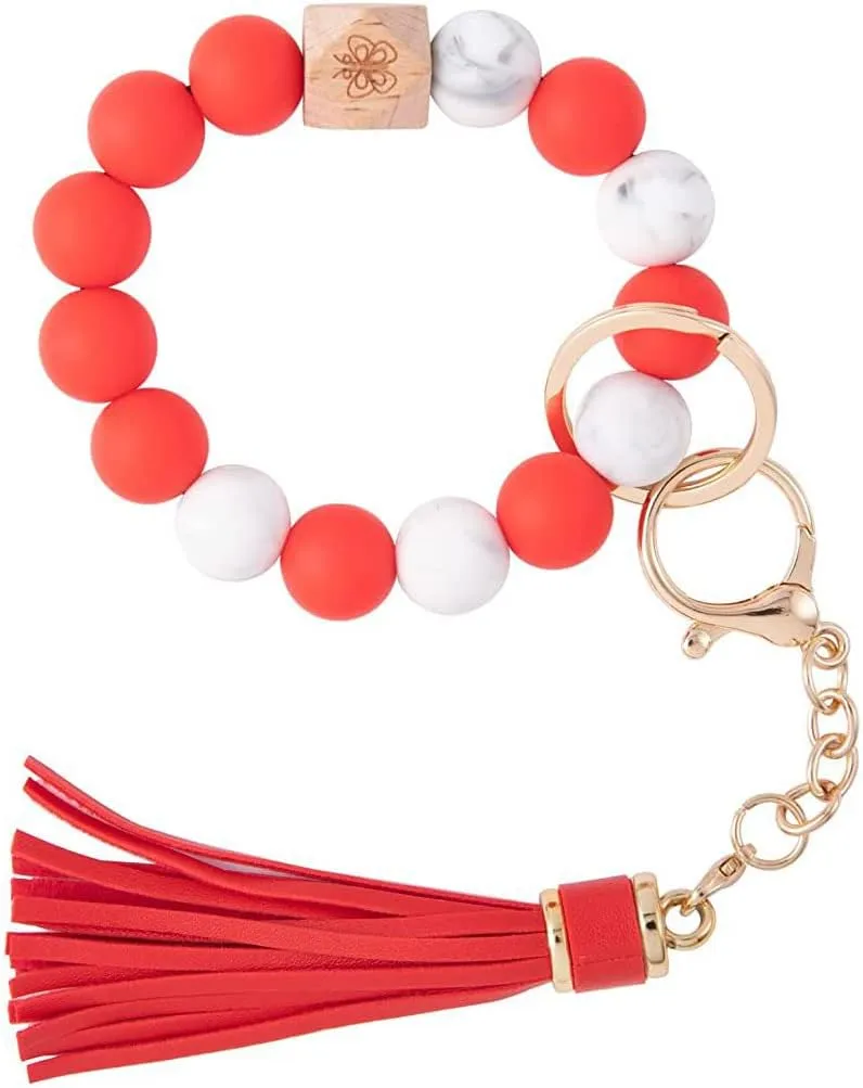 Gerrit Wristlet Keychain Bracelet Wallet for Women Silicone Beaded Car Key Rings with Bangle Card Holder Elastic Beaded