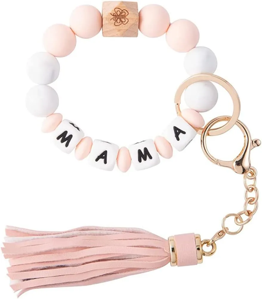 Gerrit Wristlet Keychain Bracelet Wallet for Women Silicone Beaded Car Key Rings with Bangle Card Holder Elastic Beaded