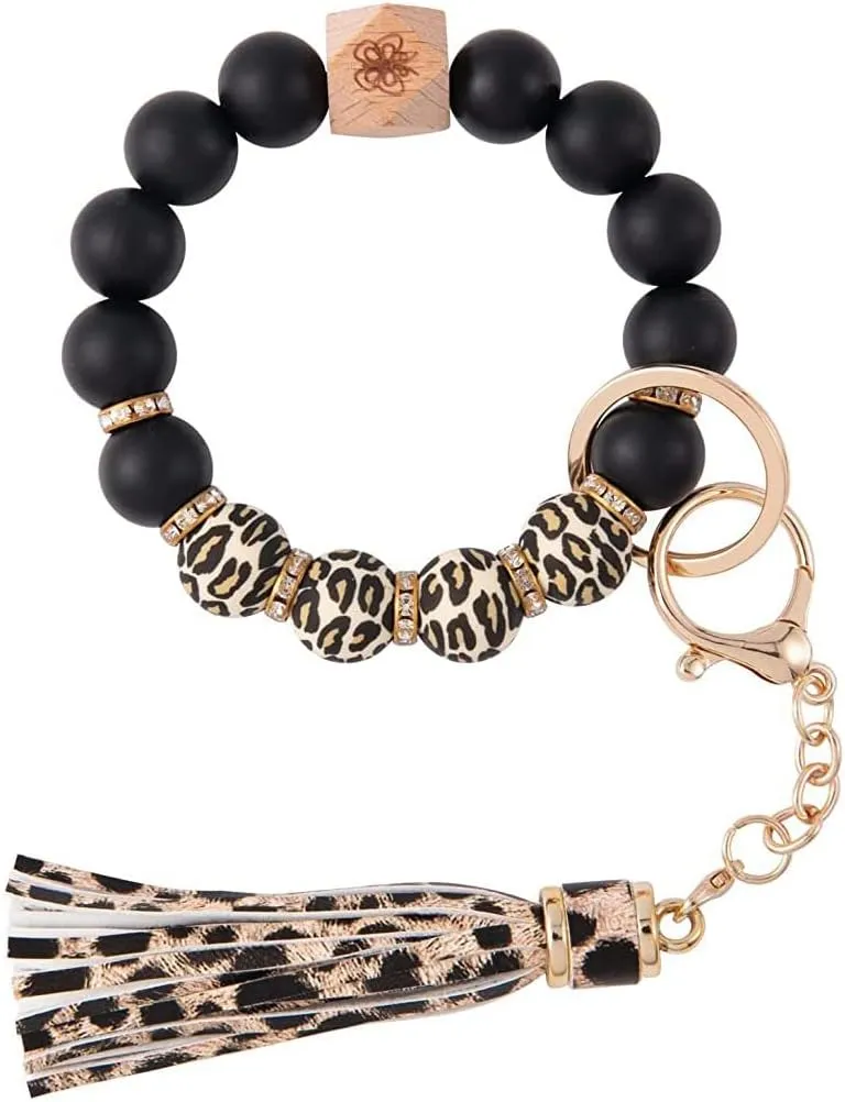 Gerrit Wristlet Keychain Bracelet Wallet for Women Silicone Beaded Car Key Rings with Bangle Card Holder Elastic Beaded