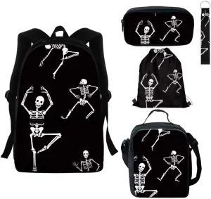 GIFTPUZZ 5 Pieces Dancing Skeleton Pattern School Bag Set Kids Boys Girls Backpack with Lunch Bag Cooler Insulated   Pencil Case Small Storage   Drawstring Bag   Keychain Bookbag Rusksack