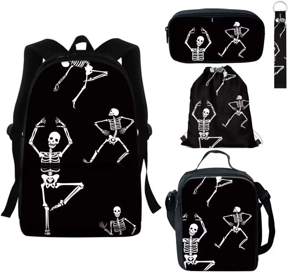 GIFTPUZZ 5 Pieces Dancing Skeleton Pattern School Bag Set Kids Boys Girls Backpack with Lunch Bag Cooler Insulated   Pencil Case Small Storage   Drawstring Bag   Keychain Bookbag Rusksack