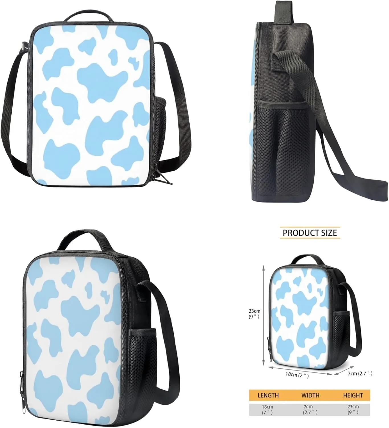 GIFTPUZZ Blue Cow Print Backpacks for Girls Boys Book Bag Back Packs with Lunch Box Pencil Case Drawstring Bag Keychain Teens Schoolbags Back Packs Satchel for Travel Daypack