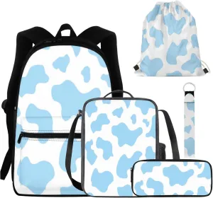 GIFTPUZZ Blue Cow Print Backpacks for Girls Boys Book Bag Back Packs with Lunch Box Pencil Case Drawstring Bag Keychain Teens Schoolbags Back Packs Satchel for Travel Daypack