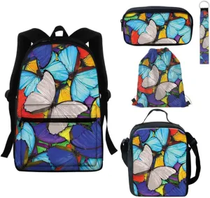 GIFTPUZZ Kids Girls Backpack Insulated Lunch Pouch Pencil Case Drawstring Bag Keychain Set of 5 Student Women Schoolbag Outdoor Travel Rucksack (Pretty Butterfly)