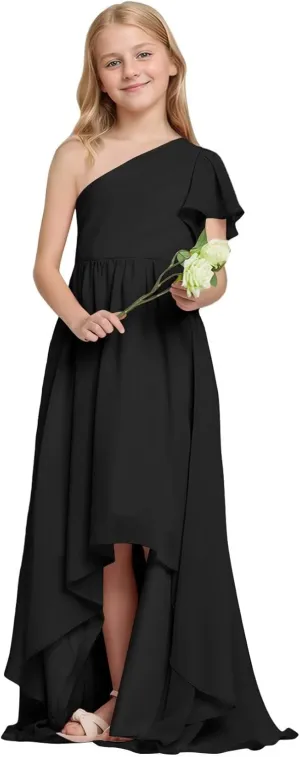 Girls Junior Bridesmaid Dress One-Shoulder Flower Girl Dresses Kids Asymmetrical Wedding Prom Party Gowns