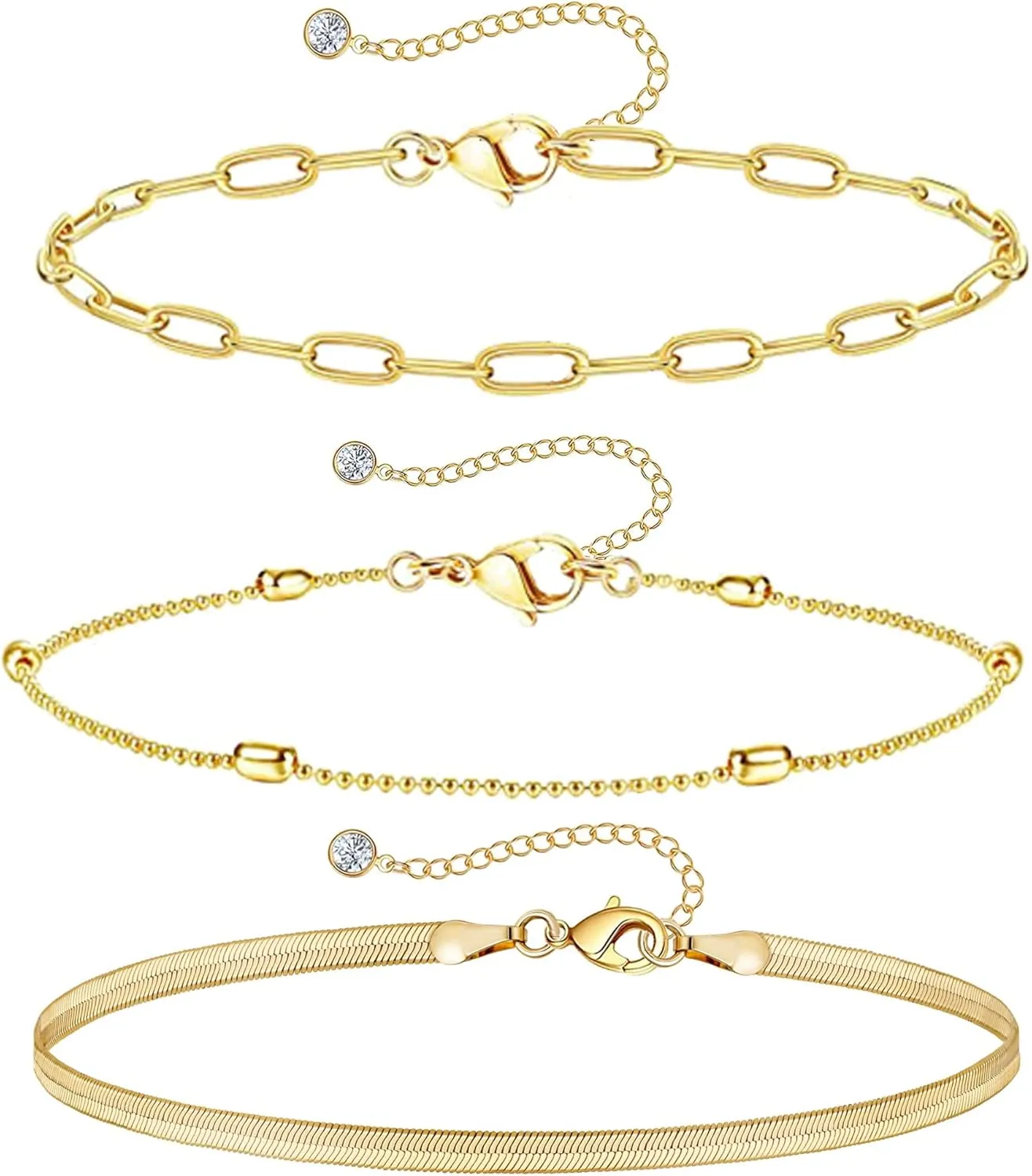 Gold Ankle Bracelet Sets for Women 14K Gold Cuban Link Figaro Paperclip Snake Anklet Bracelets Waterproof Stackable Layered Anklets Bracelet Rhinestone Adjustable Beach Anklet Set Gifts for Her (B-paperclip chain)