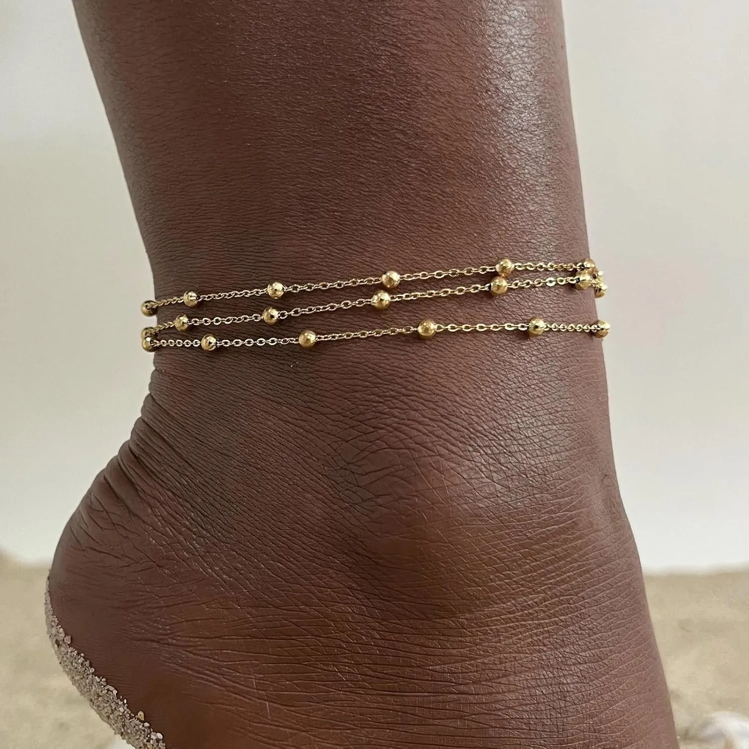 Gold Ankle Bracelets for Women 14K Plated Gold Waterproof Anklet Stainless Steel Anklet Cuban Link Chain Layered Heart Ankle Bracelet