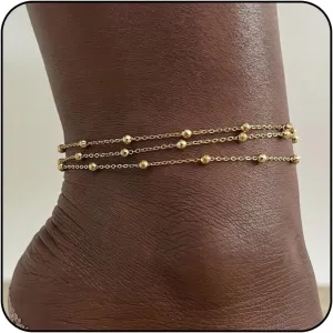 Gold Ankle Bracelets for Women 14K Plated Gold Waterproof Anklet Stainless Steel Anklet Cuban Link Chain Layered Heart Ankle Bracelet