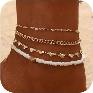 Gold Layered Anklets for Women Trendy Golden Heart Ankle Bracelets White Beaded Ankle Bracelet Summer Stacked Chain Anklets Jewelry Gifts for Friend