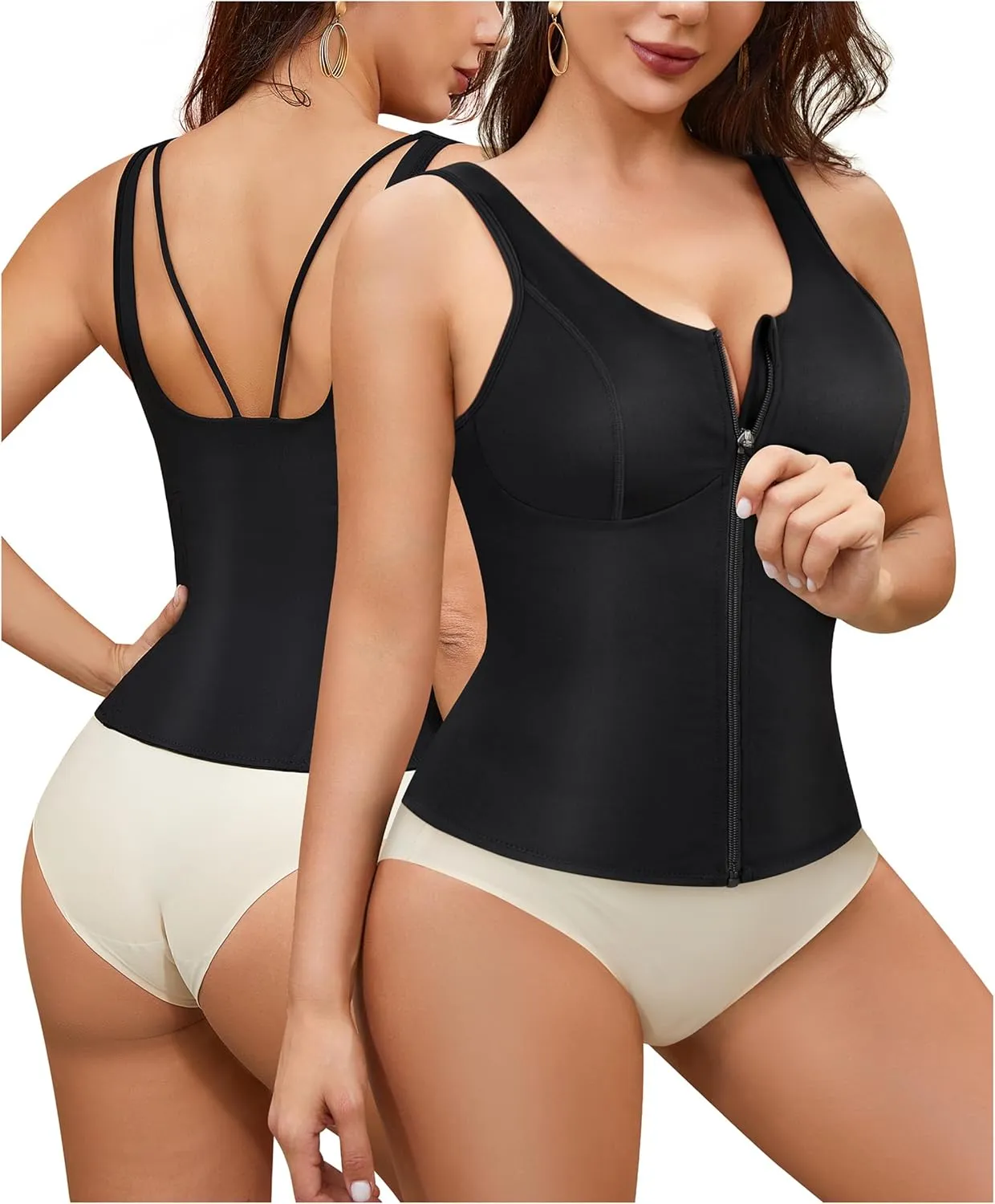 Gotoly Women's Compression Tank Tops Triple Tummy Control Workout Tops Shapewear Camisole Cami Shaper with Zipper Body Shaper