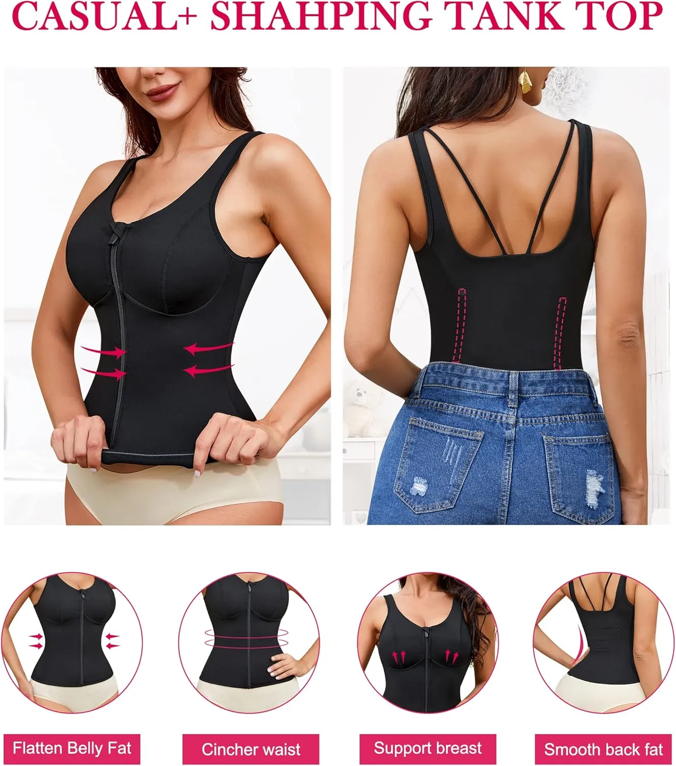 Gotoly Women's Compression Tank Tops Triple Tummy Control Workout Tops Shapewear Camisole Cami Shaper with Zipper Body Shaper
