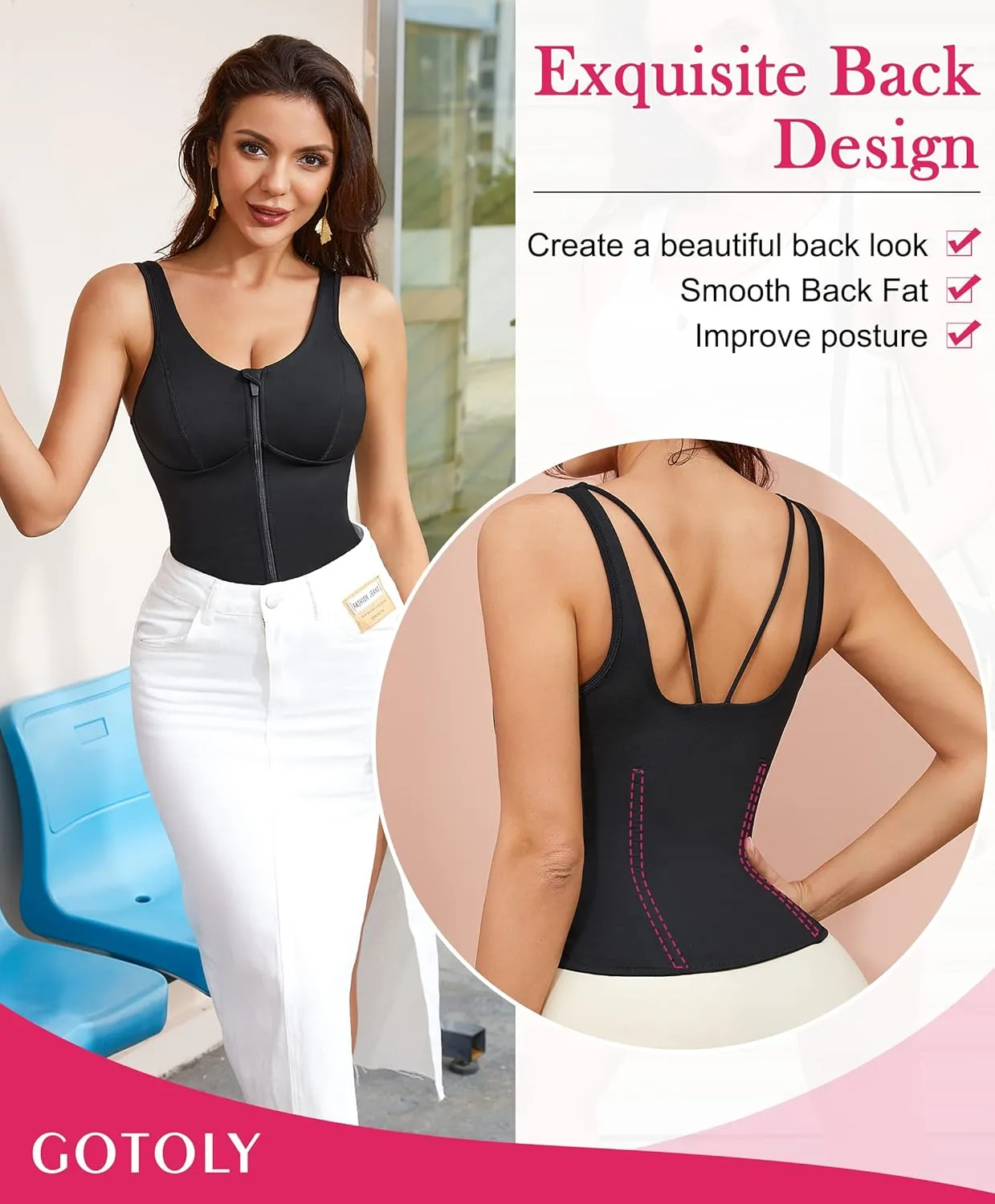 Gotoly Women's Compression Tank Tops Triple Tummy Control Workout Tops Shapewear Camisole Cami Shaper with Zipper Body Shaper