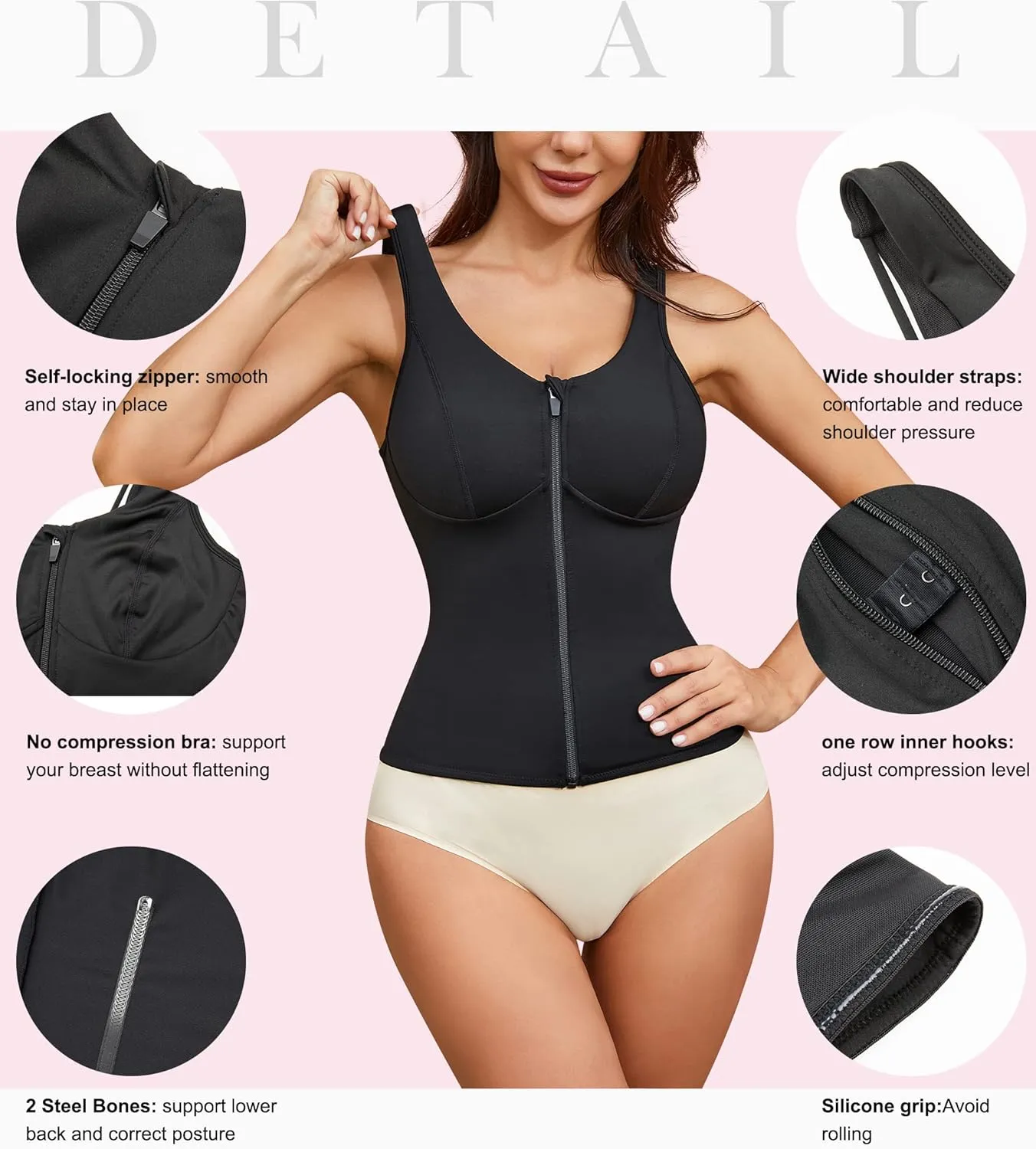 Gotoly Women's Compression Tank Tops Triple Tummy Control Workout Tops Shapewear Camisole Cami Shaper with Zipper Body Shaper