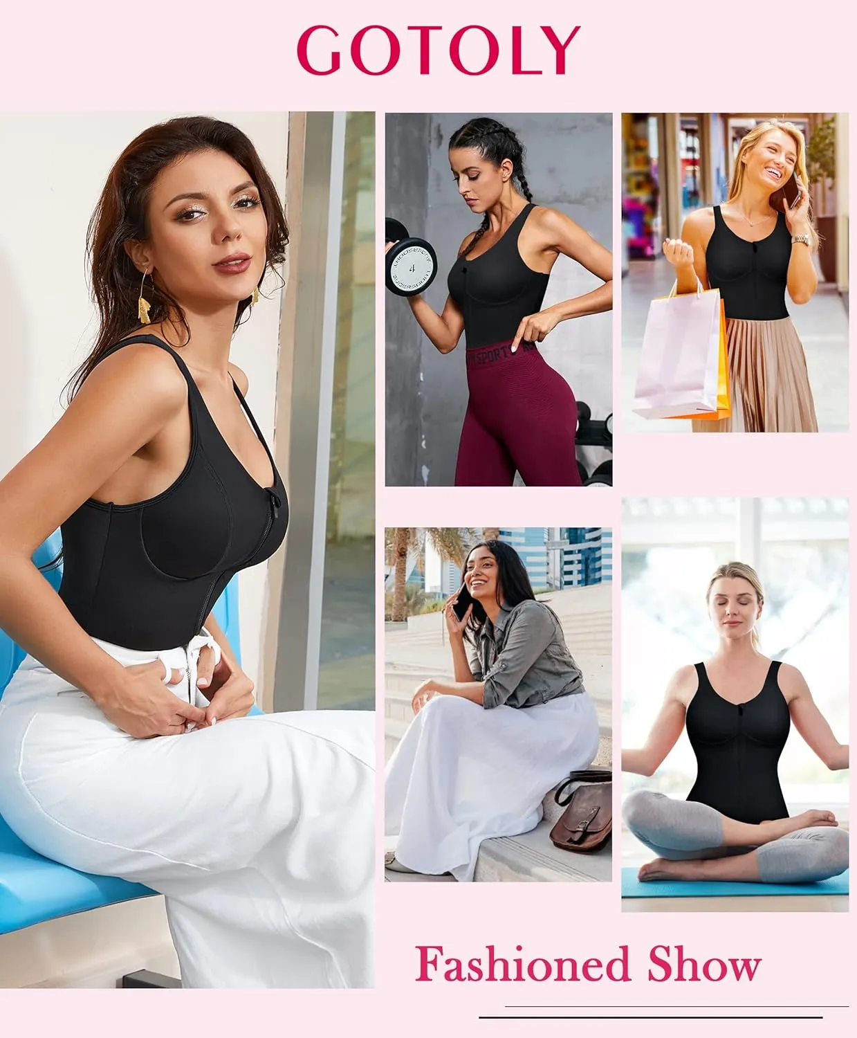 Gotoly Women's Compression Tank Tops Triple Tummy Control Workout Tops Shapewear Camisole Cami Shaper with Zipper Body Shaper