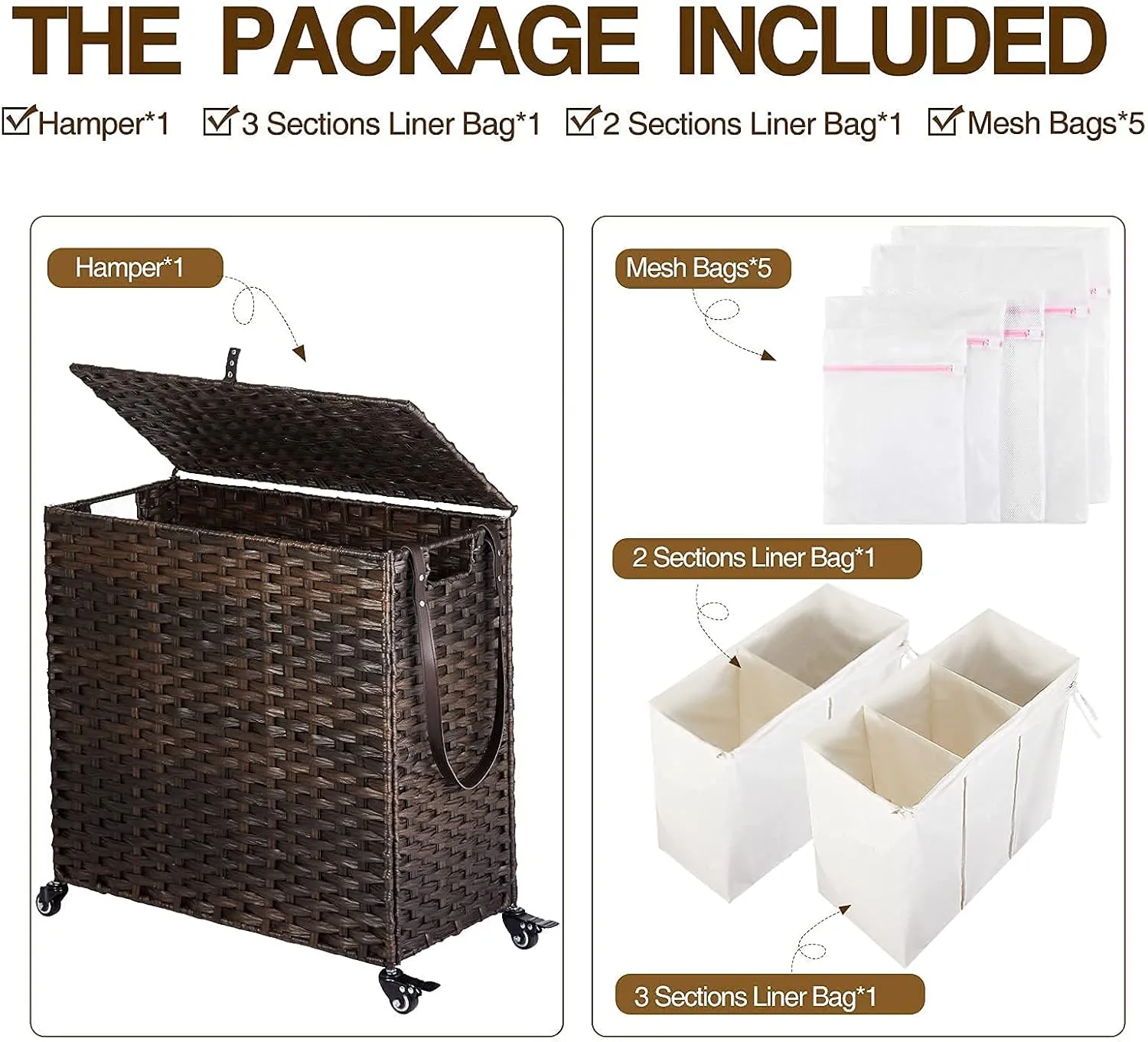 GREENSTELL Laundry Hamper with Wheels&Lid, 130L Large 3 Sections Clothes Hamper with 2 Types Removable Liner Bags, 5 Mesh Laundry Bags, Handwoven Divided Laundry Basket Brown