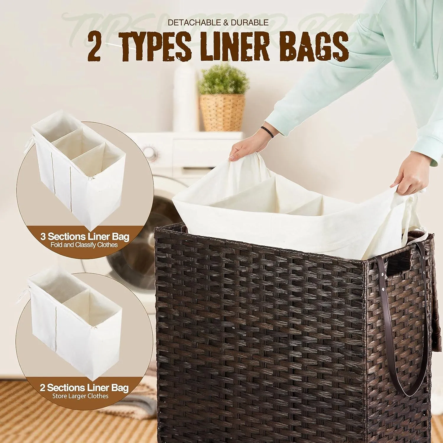 GREENSTELL Laundry Hamper with Wheels&Lid, 130L Large 3 Sections Clothes Hamper with 2 Types Removable Liner Bags, 5 Mesh Laundry Bags, Handwoven Divided Laundry Basket Brown